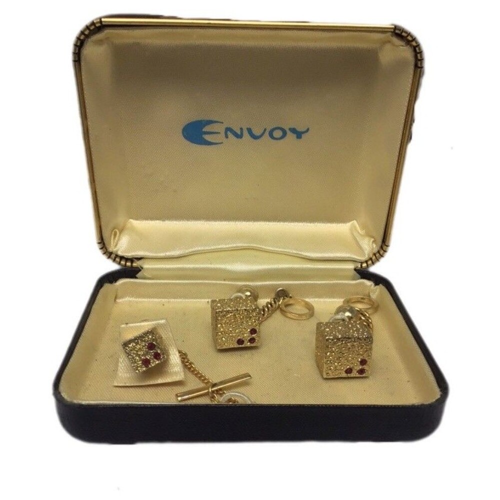 Vintage Envoy Dice Cuff Links And Tie Tack,gold Tone with Simulated Rubies